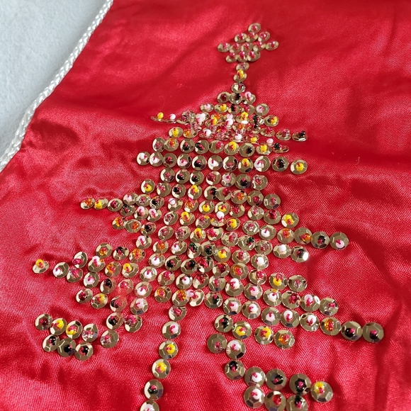 Vintage NWT Red Satin Stocking Christmas Tree Embellished Bling White Trim - Picture 2 of 12